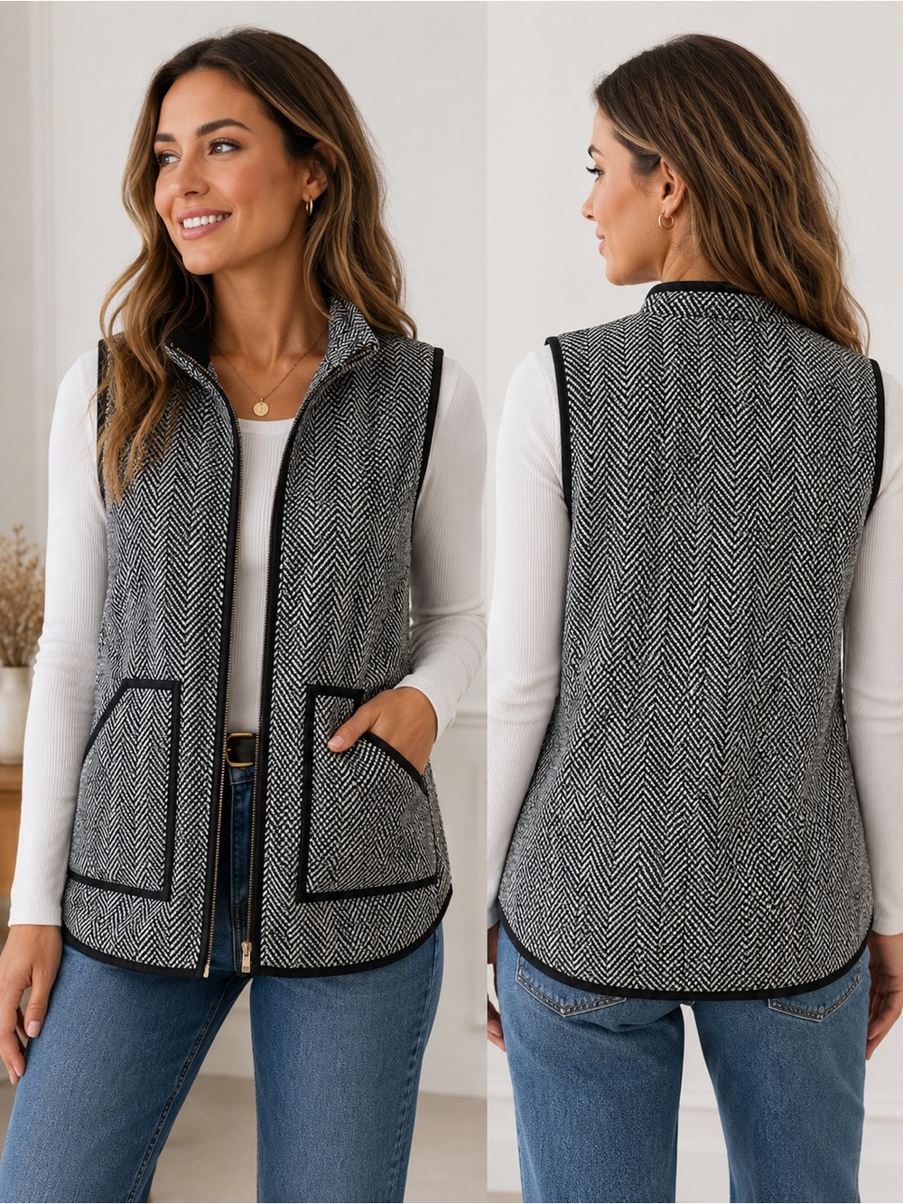 Merokeety Black & White Herringbone Vest – Size XS
